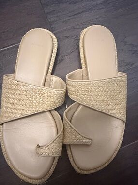 Vince Natural Beige Woven Cross-Strap Slide Sandals